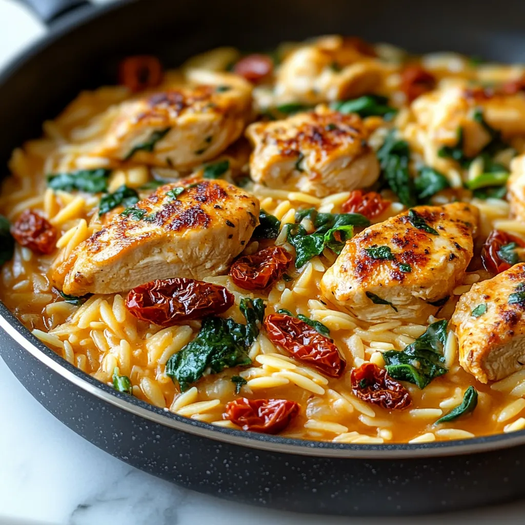 A tasty portion of chicken with risoni pasta, topped with green herbs and swimming in rich sauce, perfect for date night dinner.