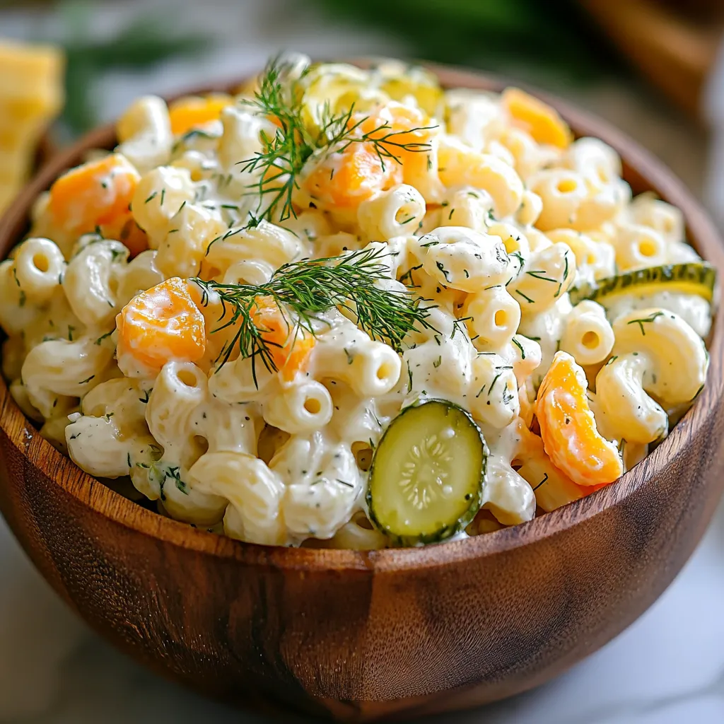 Vibrant dill pickle macaroni salad with swirls of pasta, tangy pickles, and smooth sauce.