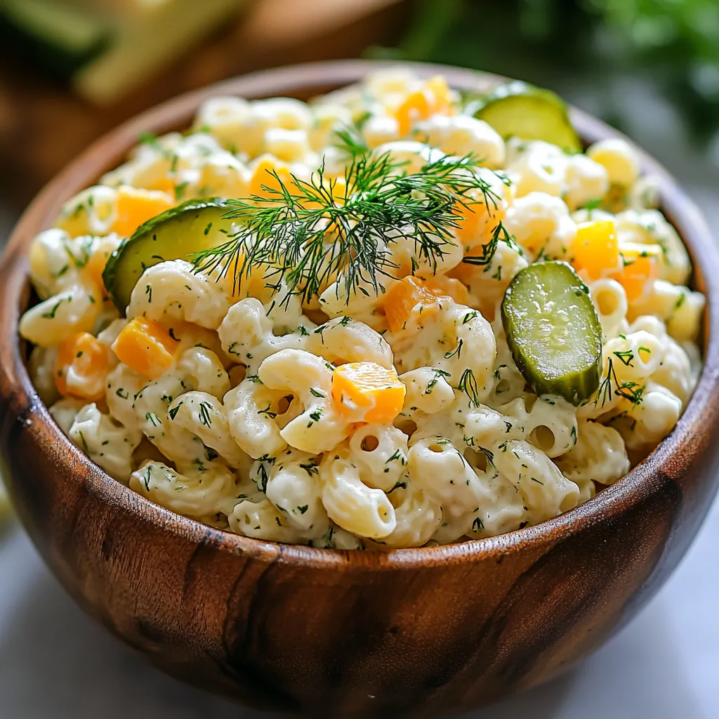 Smooth dill pickle macaroni salad with noodles, diced pickles, and garden herbs.