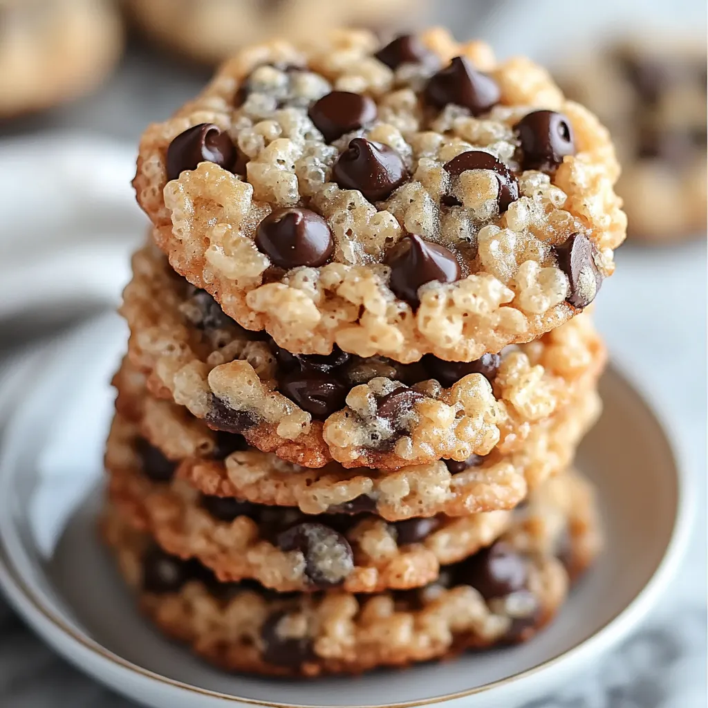 Tasty chocolate chip cookies with Rice Krispies scattered on a serving dish, showing off their crunchy exterior and melty chocolate bits.
