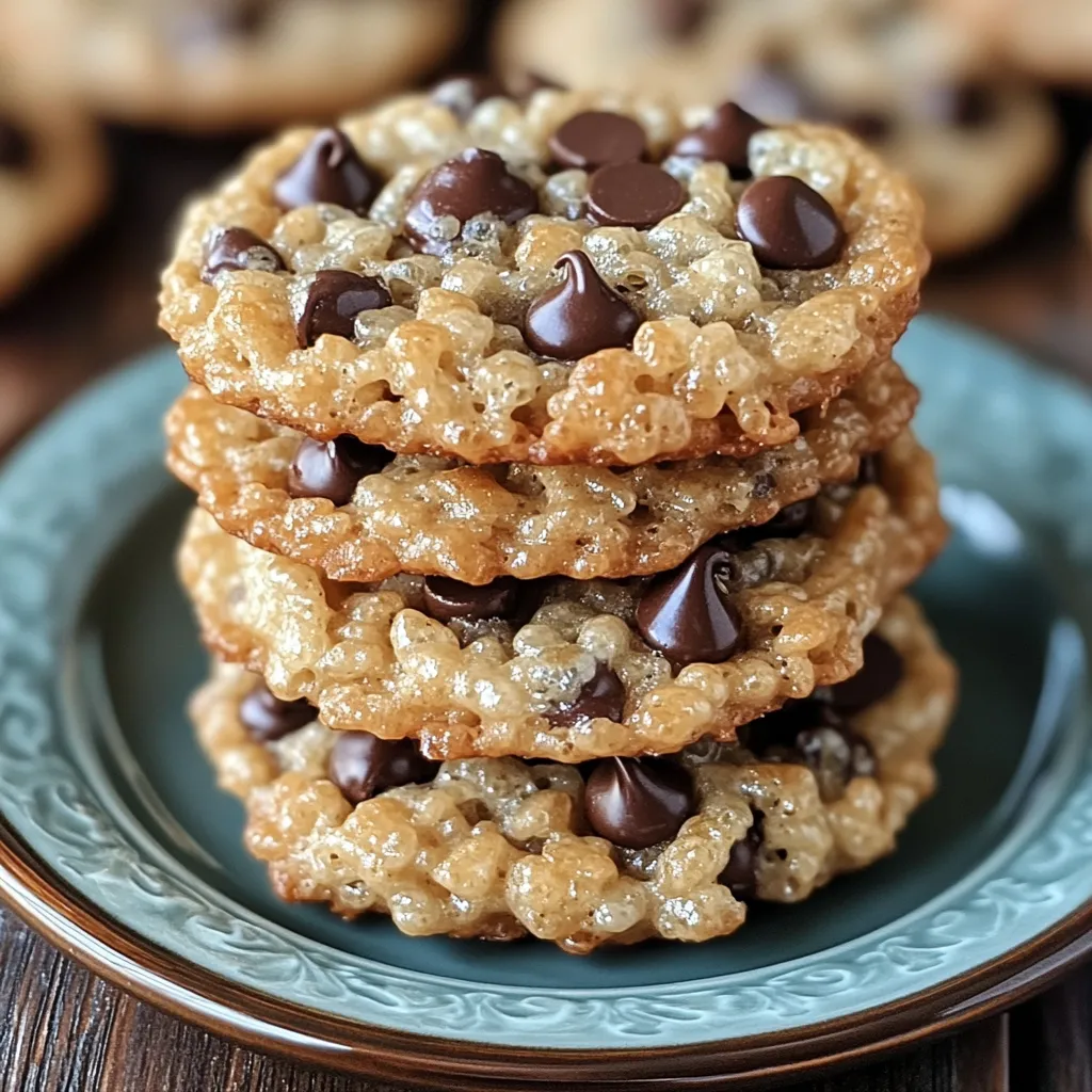 A detailed view showing rice krispie chocolate chip cookies with their textured edges and soft chocolate centers.