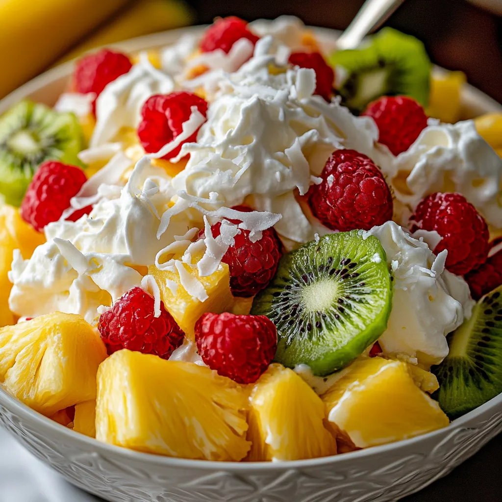 A colorful bowl showing creamy Hawaiian cheesecake salad mixed with bright chunks of tropical fruit.