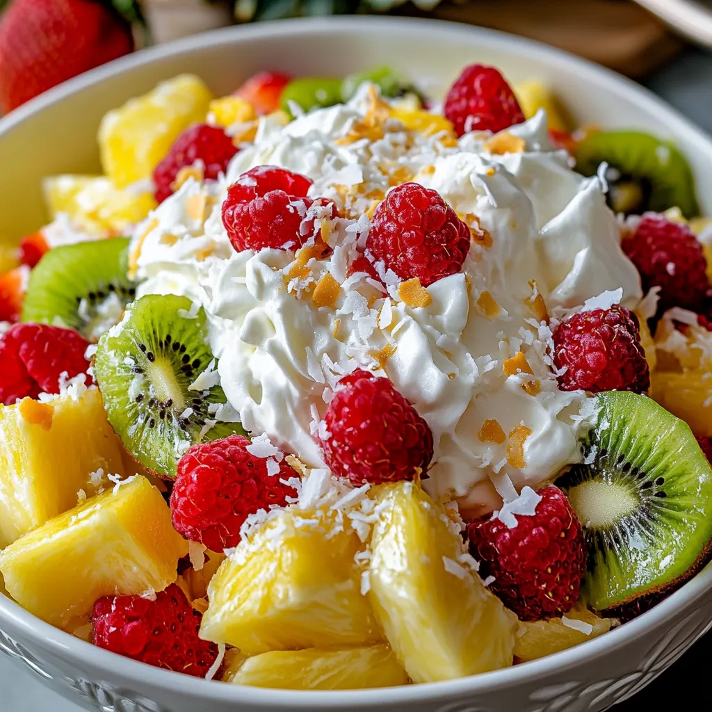 A stunning display of Hawaiian cheesecake salad showing the creamy mixture dotted with colorful tropical fruit pieces.