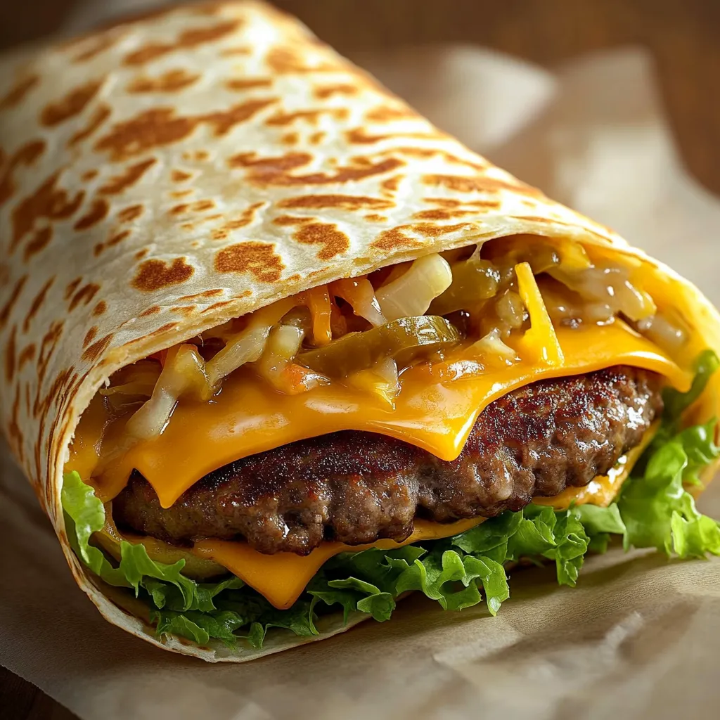 A juicy burger-style wrap with savory beef, crisp green lettuce, yellow cheese, and creamy sauce bundled in a soft tortilla.