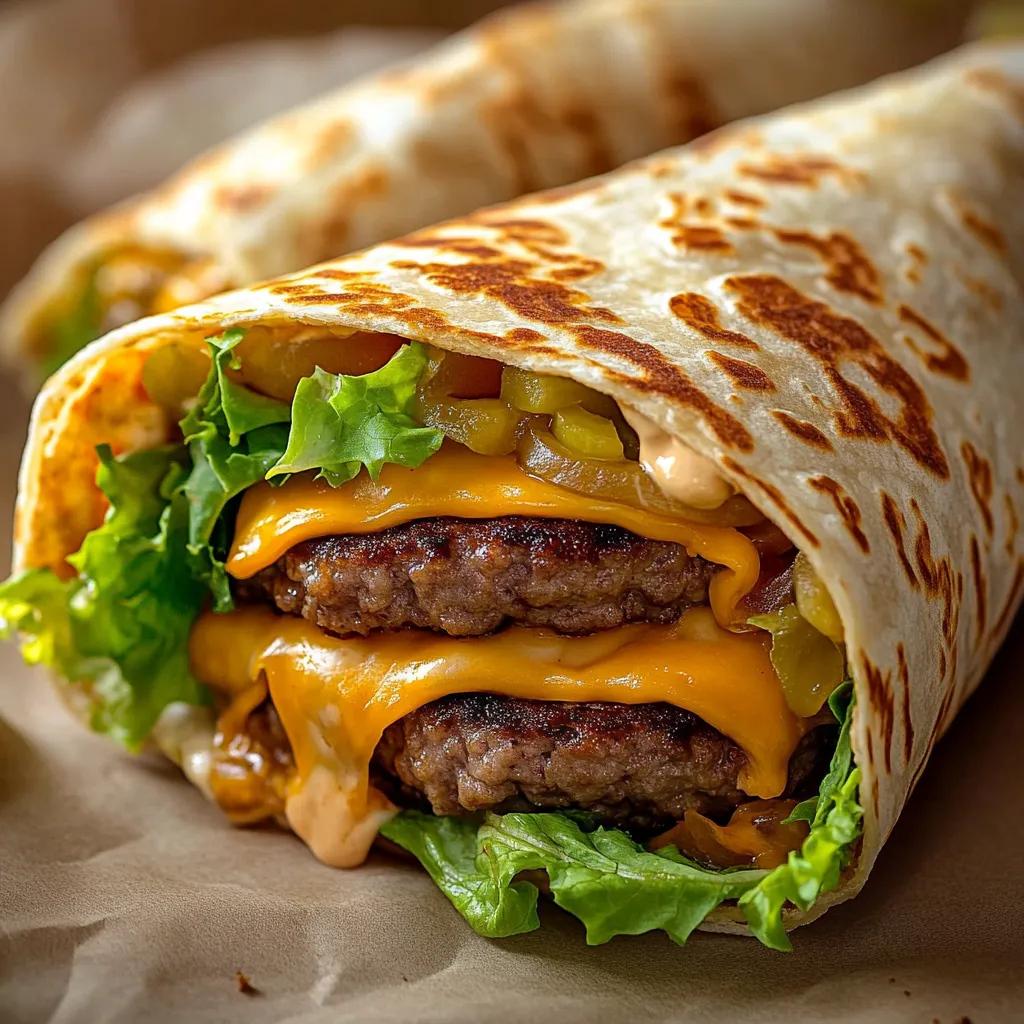 A mouthwatering sandwich-inspired wrap stuffed with seasoned meat, shredded greens, melted cheese and special dressing in a folded soft shell.