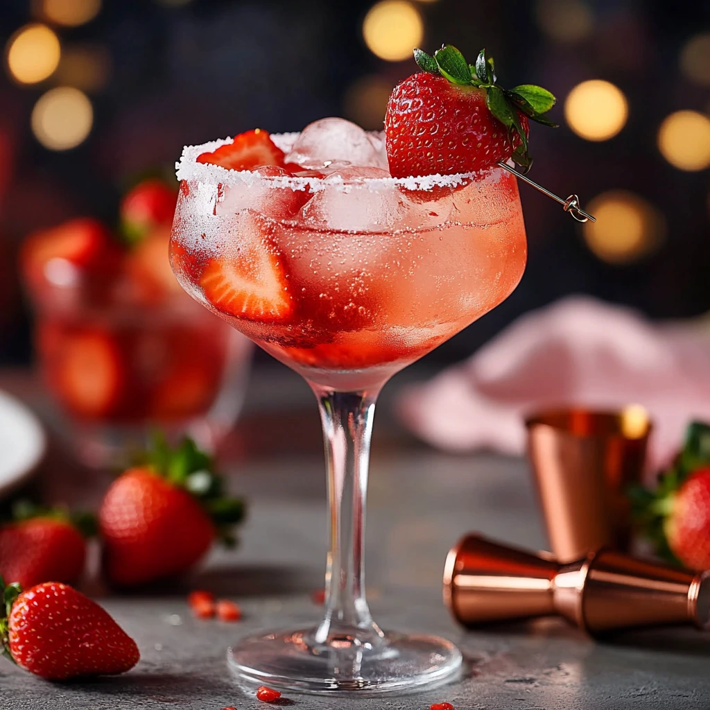 A bright Valentine's drink served in a heart-shaped glass.