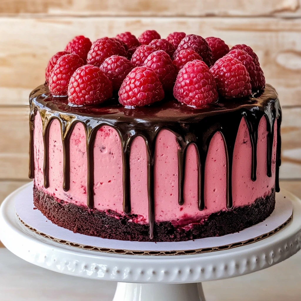 A gorgeous chocolate raspberry cake showing off layers of chocolate and berry goodness.