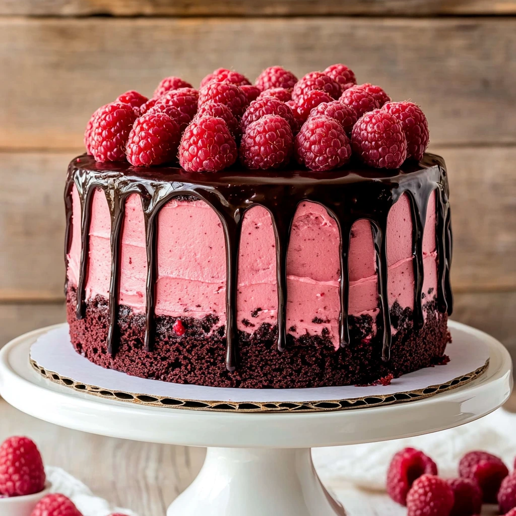 A mouth-watering chocolate raspberry cake decorated with juicy berries and smooth chocolate.