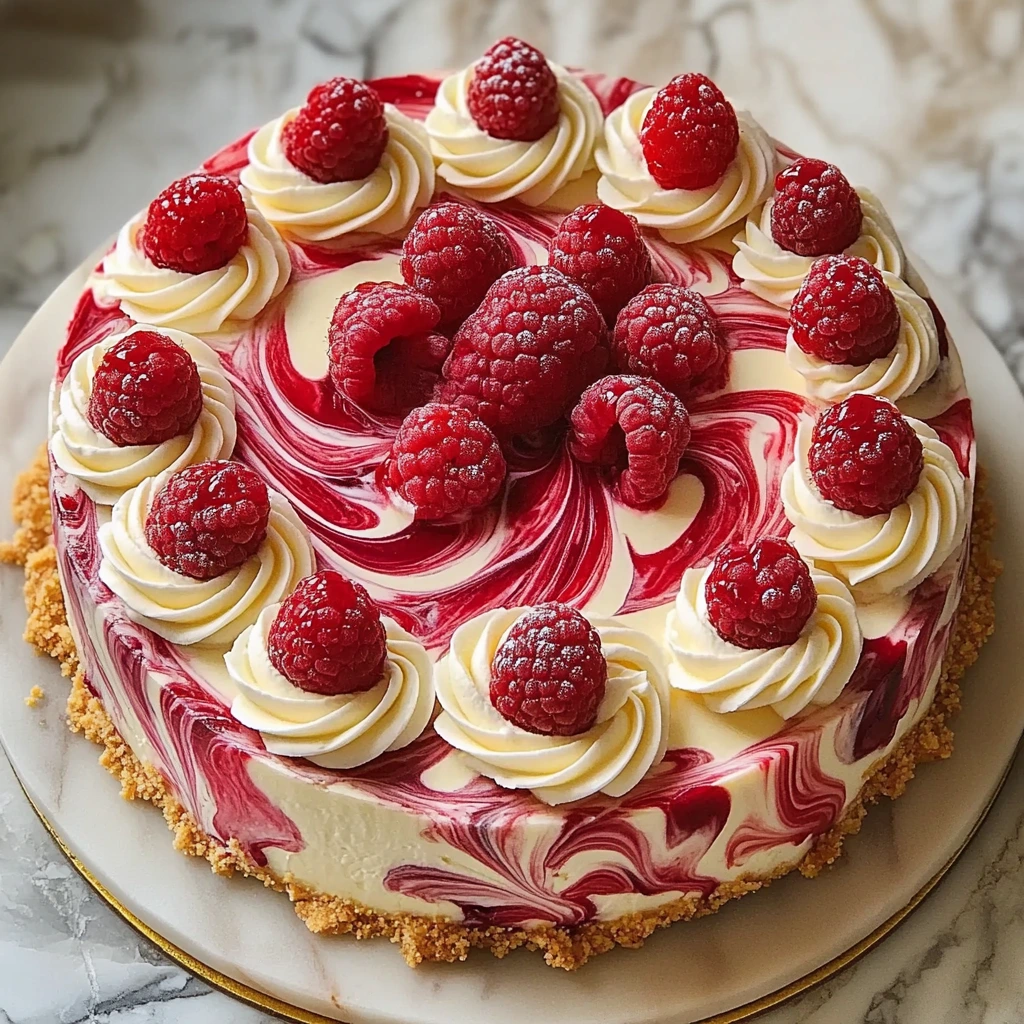 A stunning dessert featuring swirls of raspberry through white chocolate cheesecake.