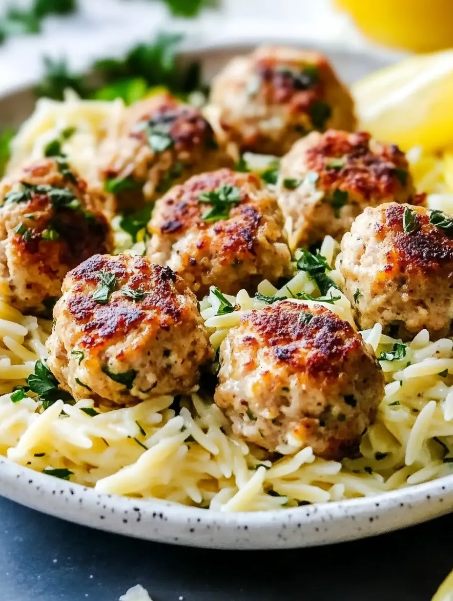 Lemon Chicken Feta Meatballs with Garlic Orzo Plate