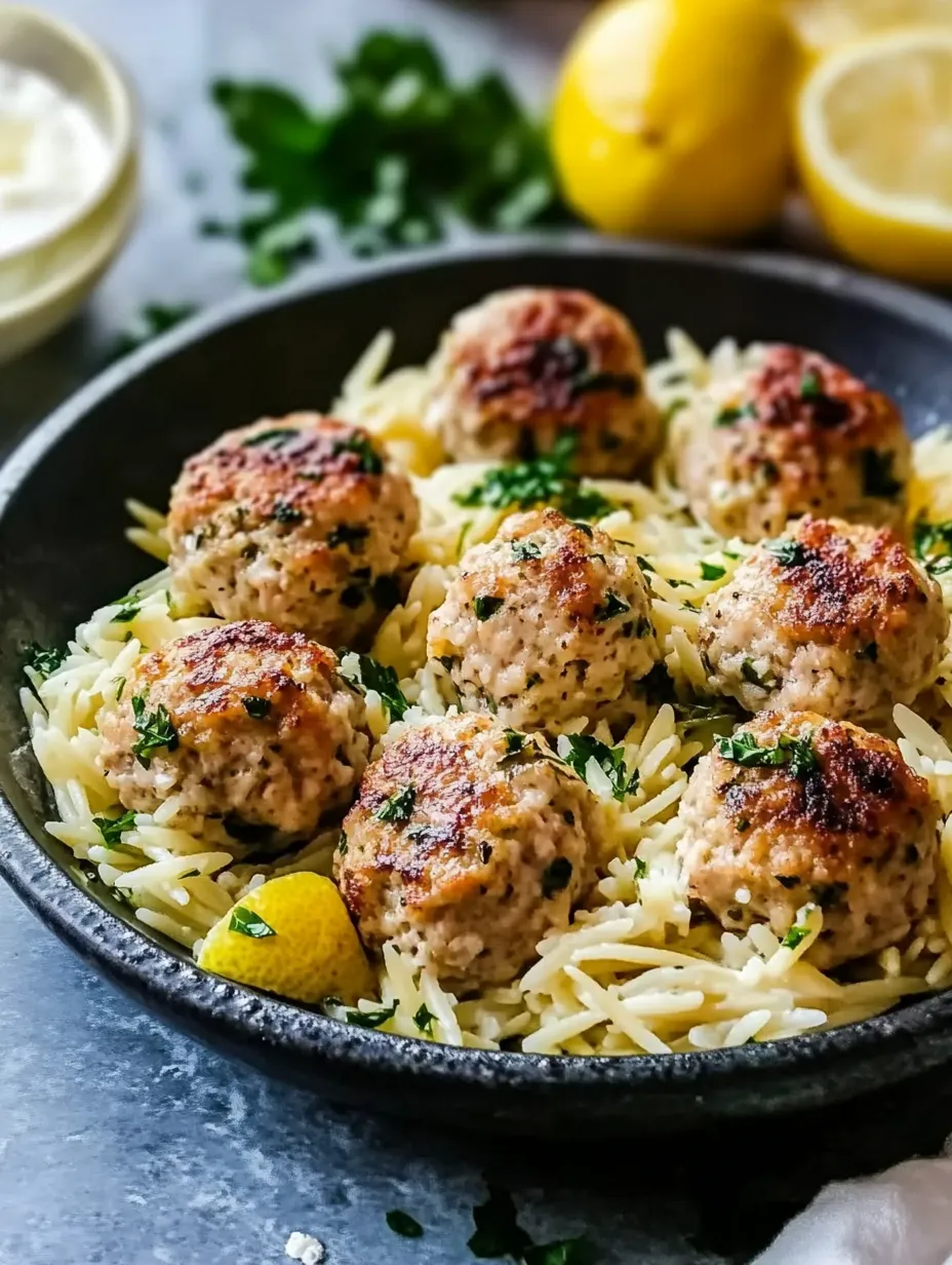 Simple Lemon Chicken Feta Meatballs with Garlic Orzo Bowl