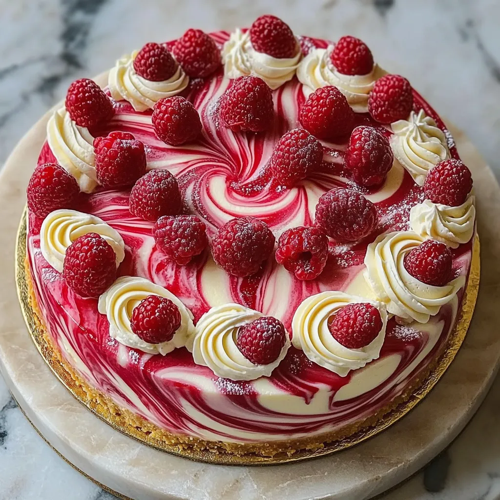Mouthwatering cheesecake with swirls of raspberry and white chocolate.