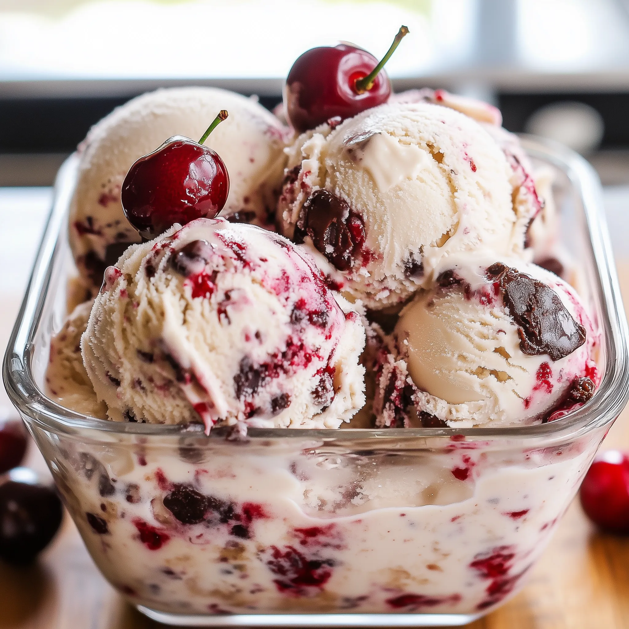A delightful serving of no churn cherry ice cream, showcasing the essence of Black Forest with cherry.