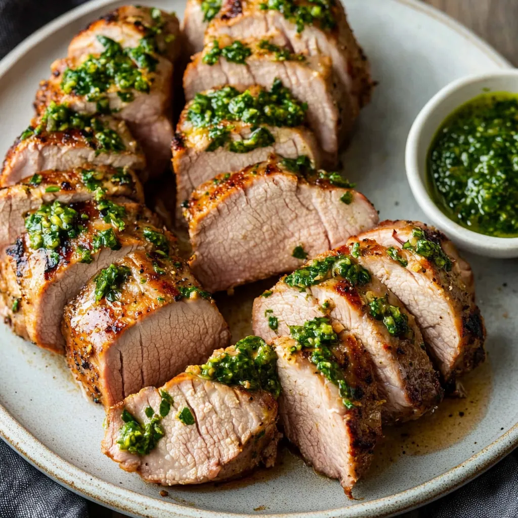 Tender pork tenderloin drizzled with vibrant green chimichurri sauce.