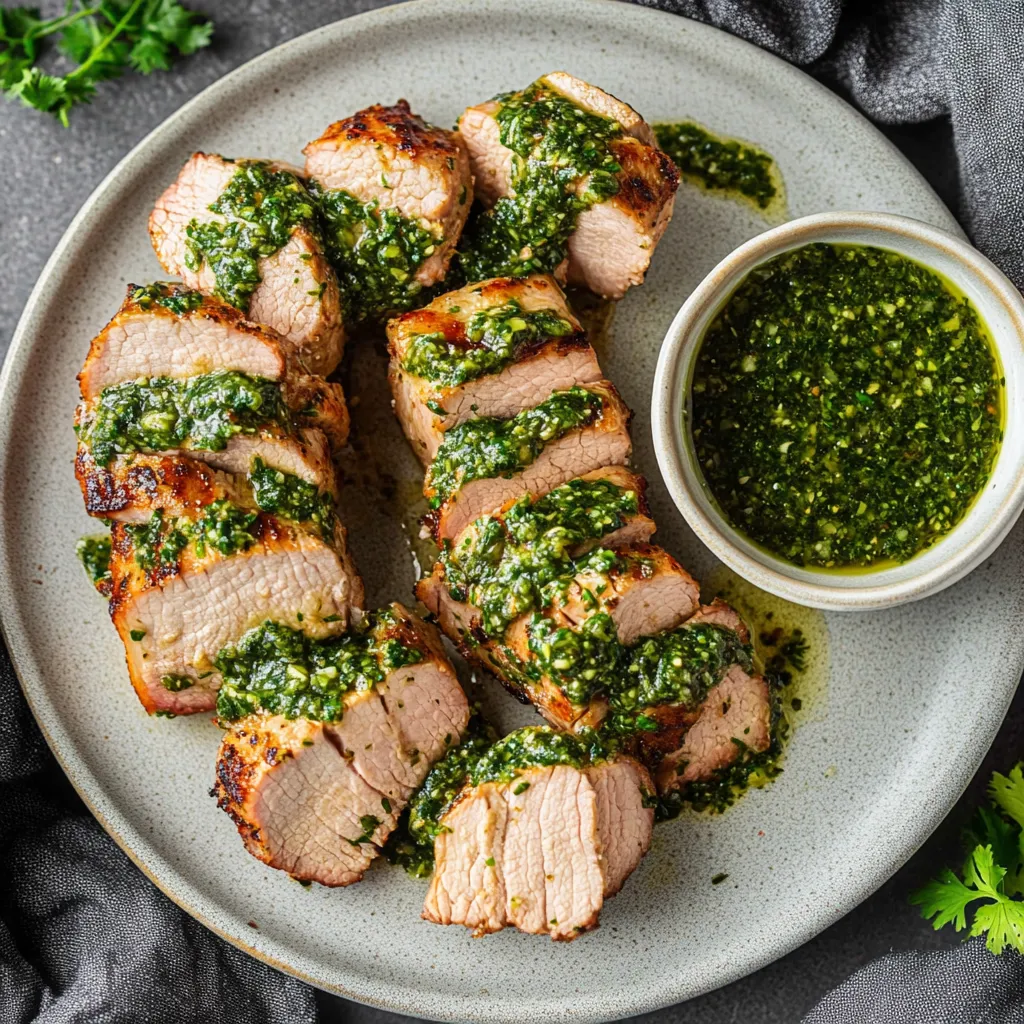 Succulent pork tenderloin covered with zesty chimichurri sauce, showing flecks of fresh herbs.