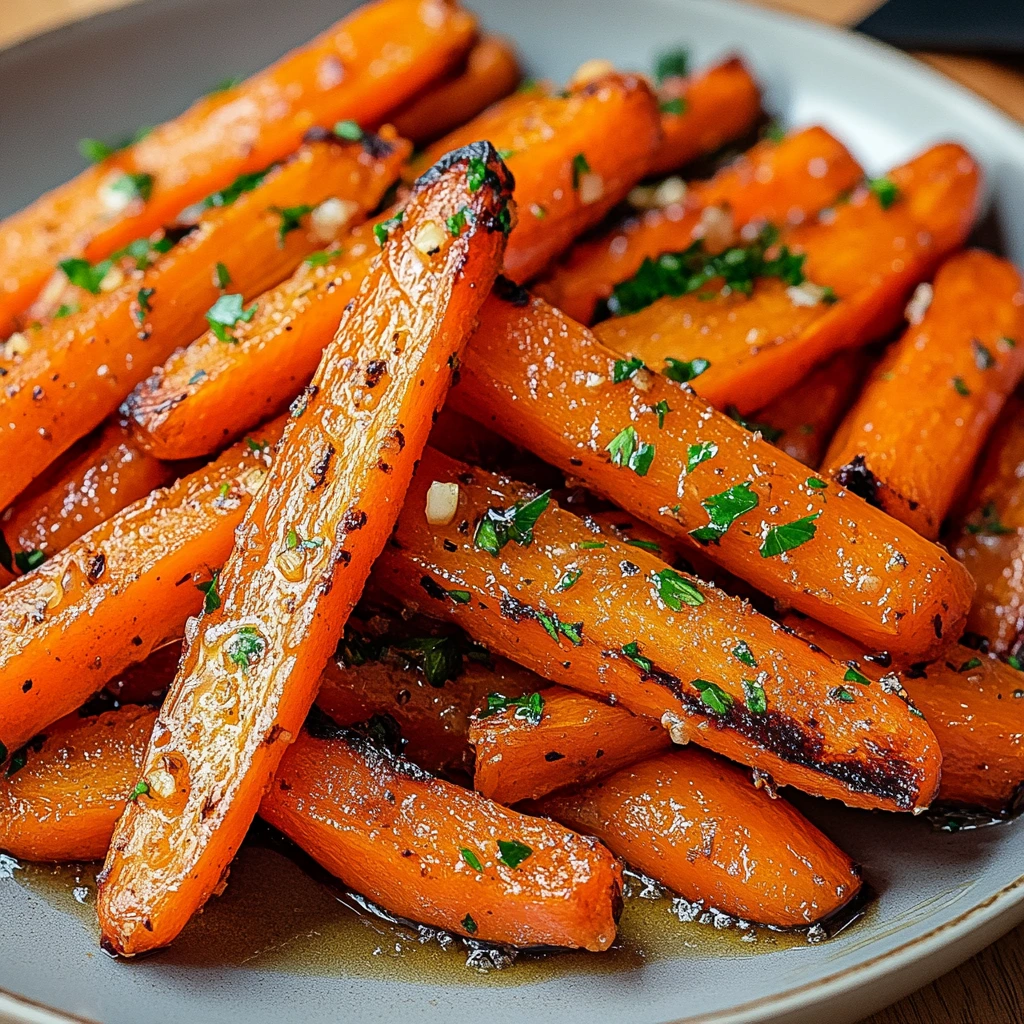 Golden honey butter carrots with herbs spread on a rustic table.