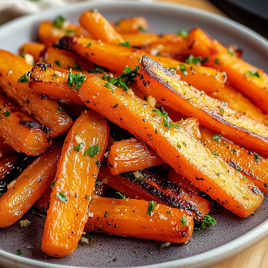 Mouthwatering honey garlic butter carrots showing their golden-brown edges on a serving plate.