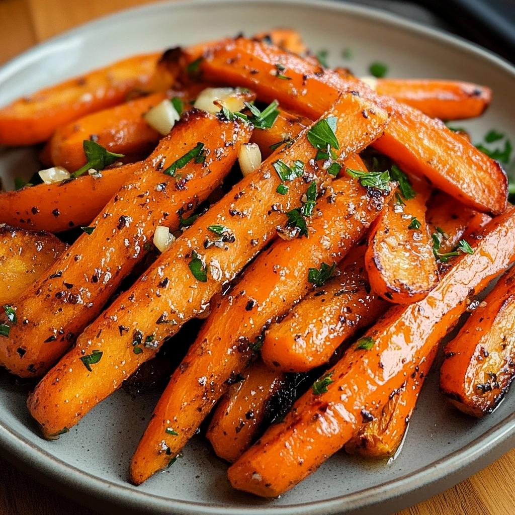 Beautiful platter of golden honey garlic butter carrots showing off their caramelized edges and rich color.