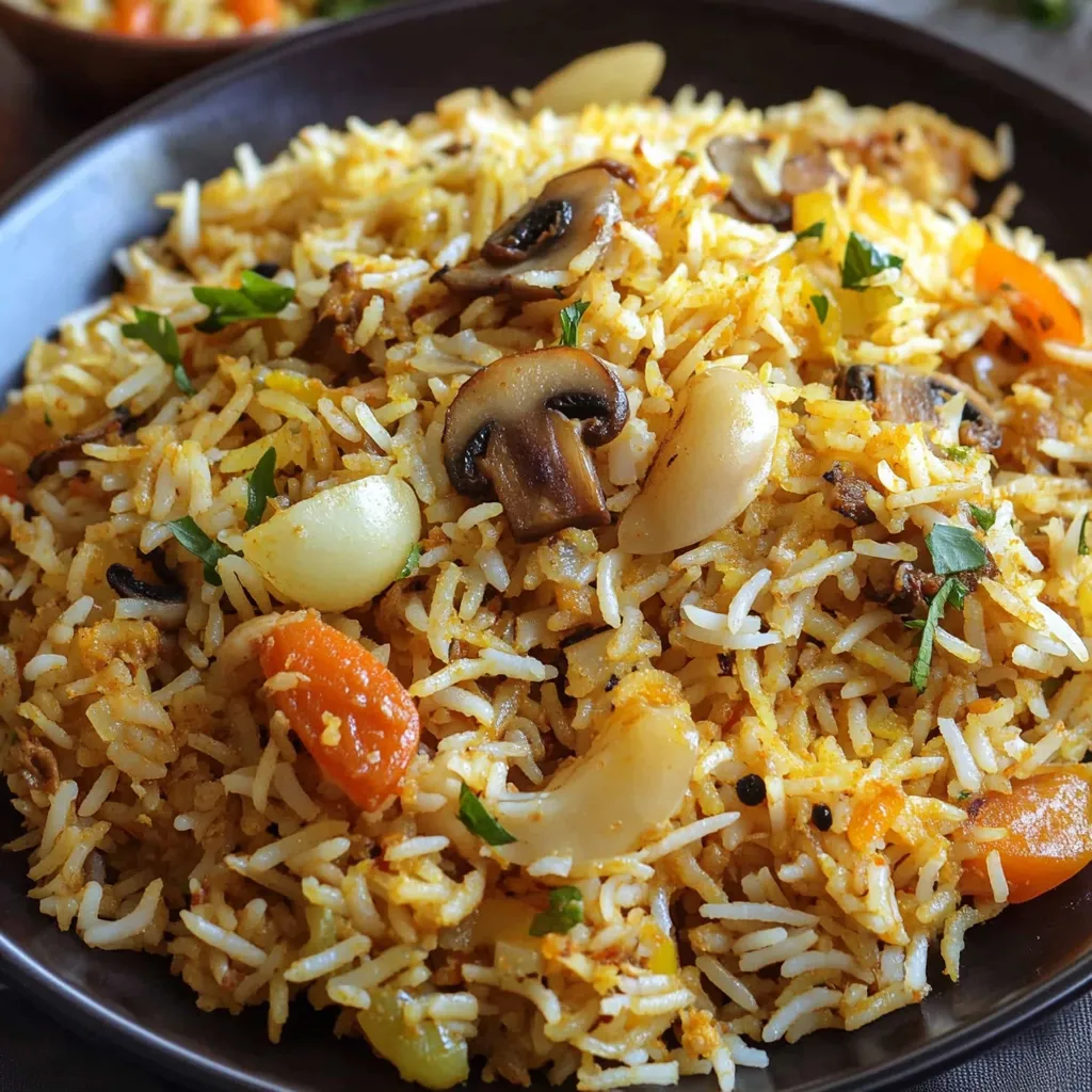A bowl of rice with mushrooms, carrots, and onions.