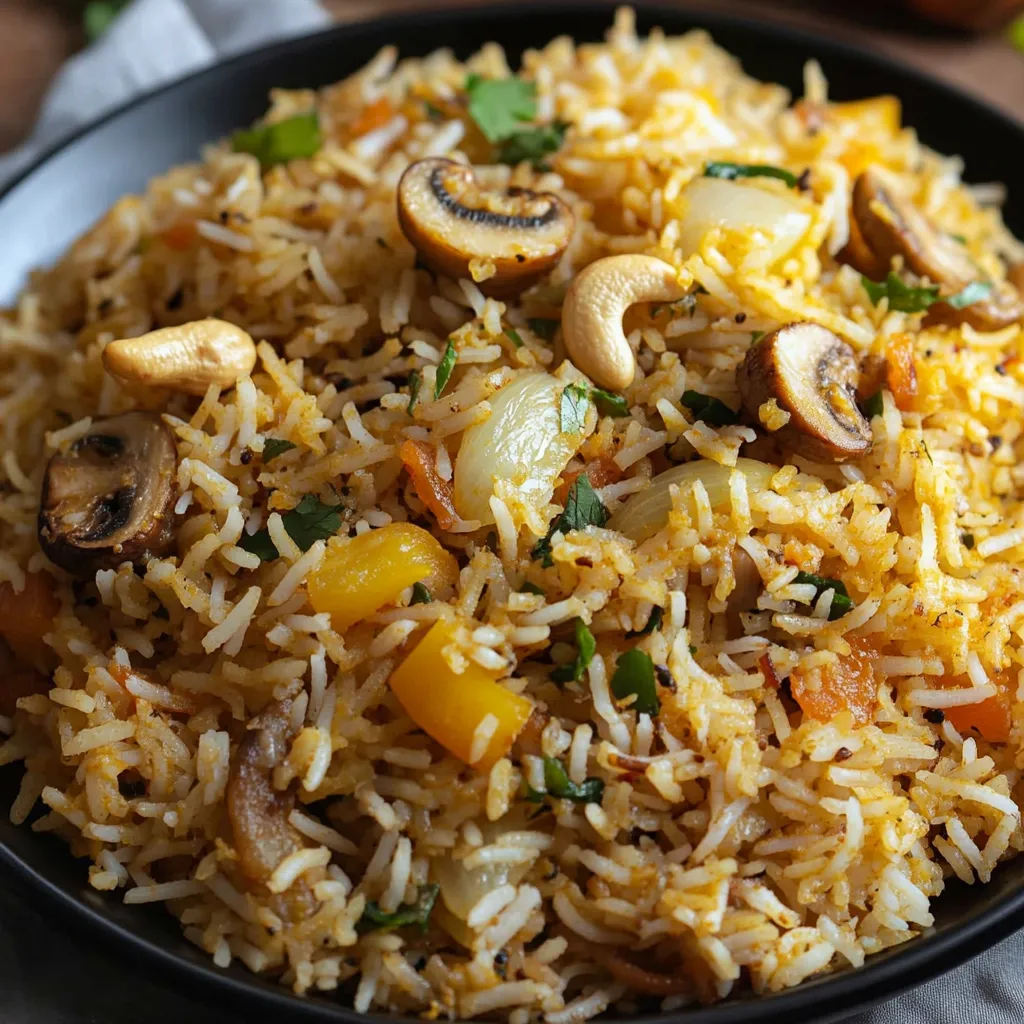 A bowl of rice with mushrooms, carrots, and onions.