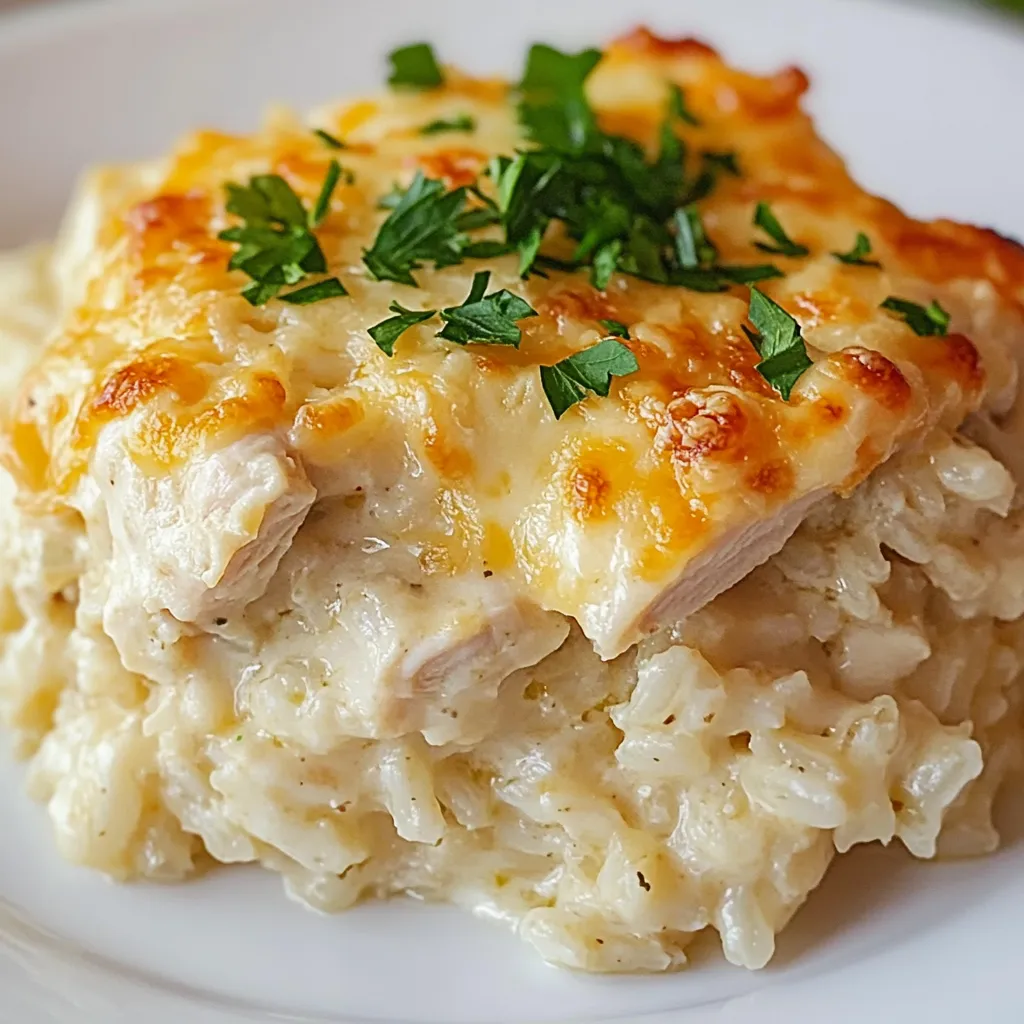 Chicken rice dish topped with a layer of golden brown melted cheese.