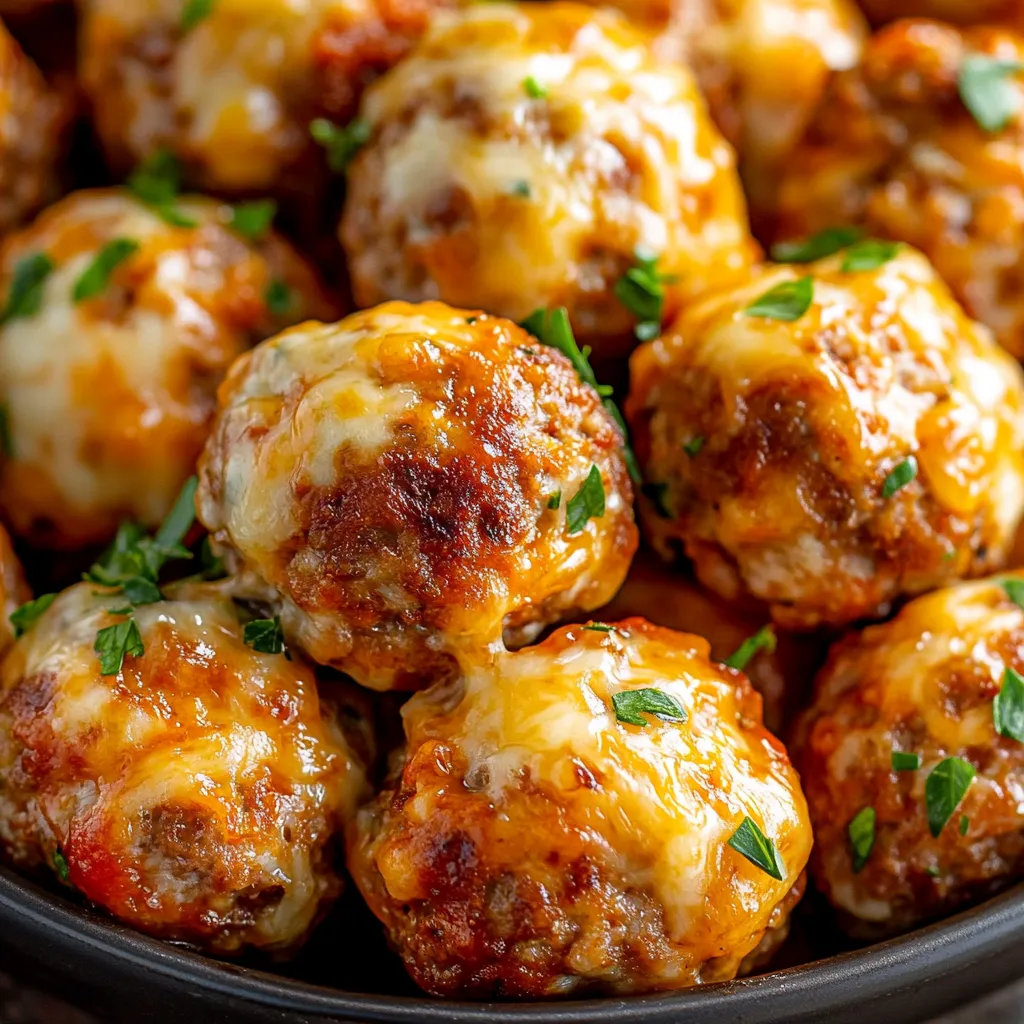 A bowl of meatballs with cheese on top.