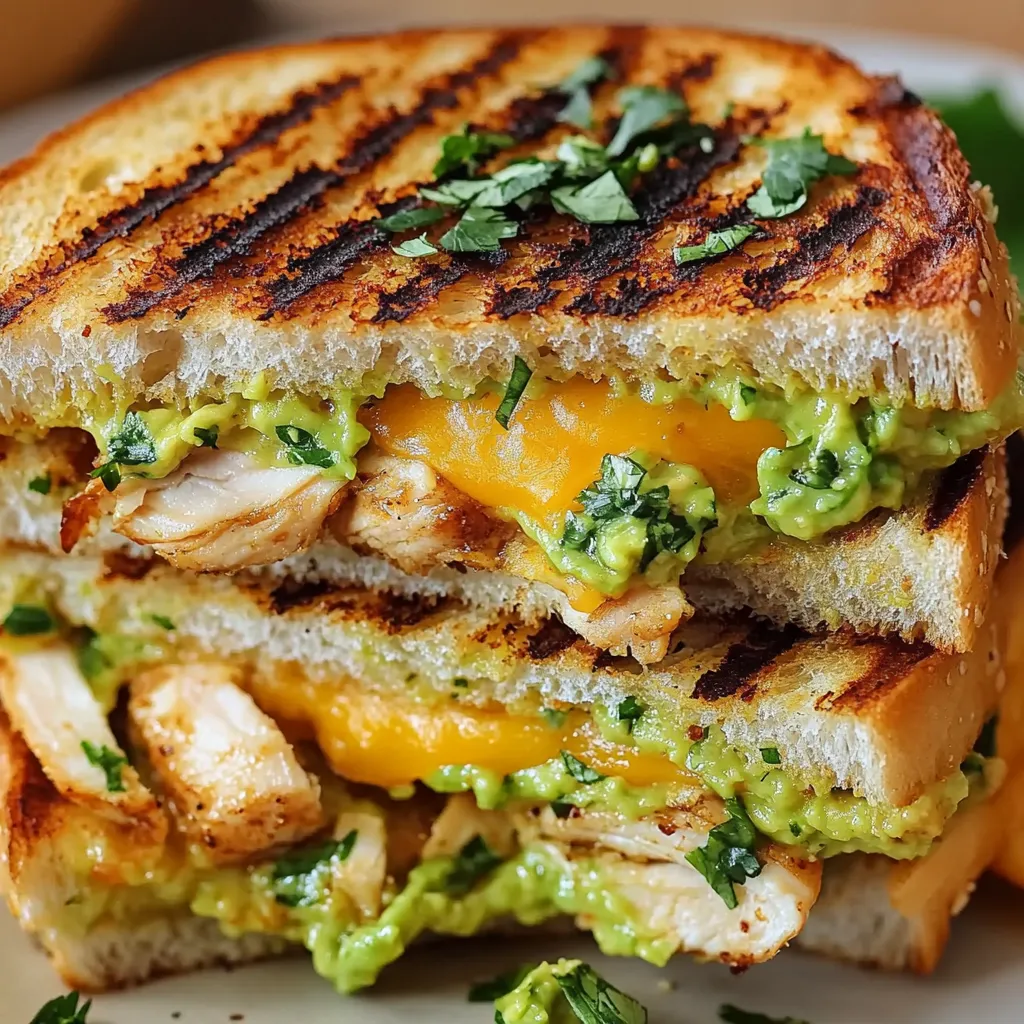 A sandwich with chicken, avocado, and lettuce is cut in half and placed on a plate.