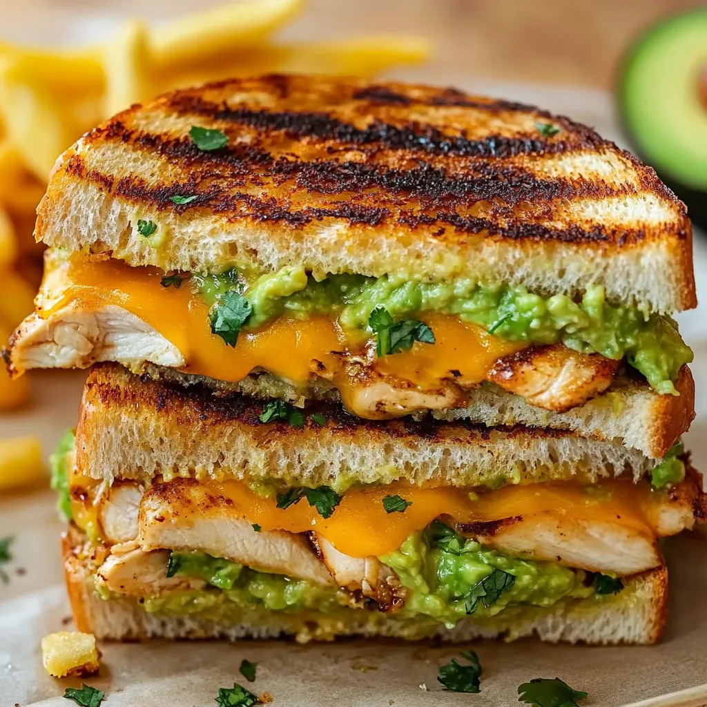 A sandwich with chicken and avocado on a plate.