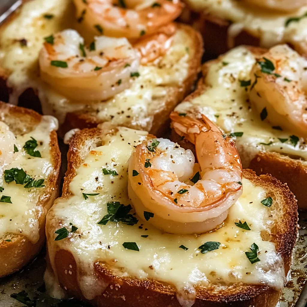 A plate of bread with shrimp on top.