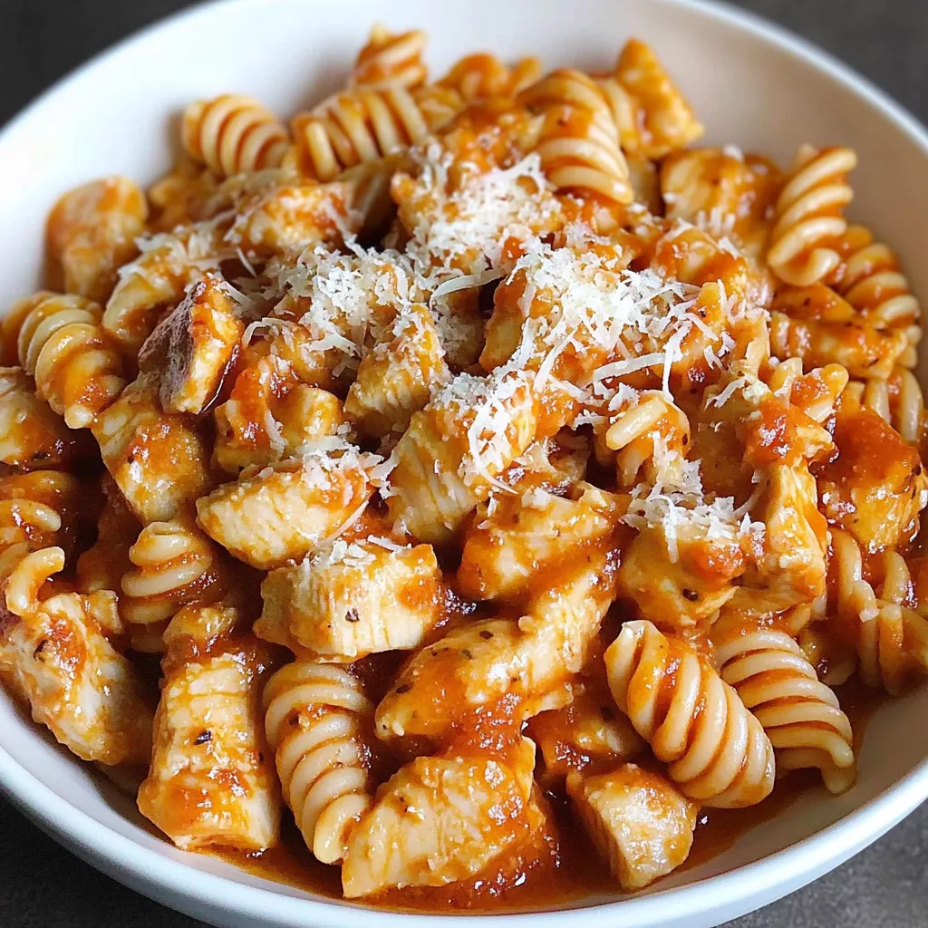 A bowl of pasta with chicken and cheese.