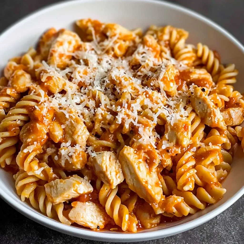 A bowl of pasta with chicken and cheese.