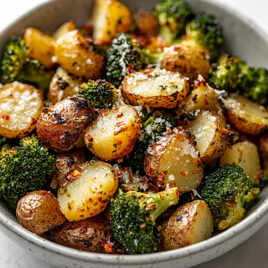 A table holds a bowl full of potatoes, broccoli, and garlic.