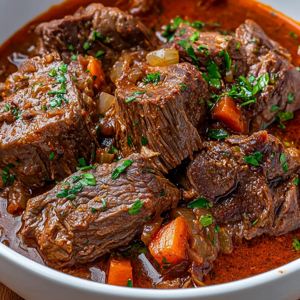A hearty bowl of beef stew with vegetables.