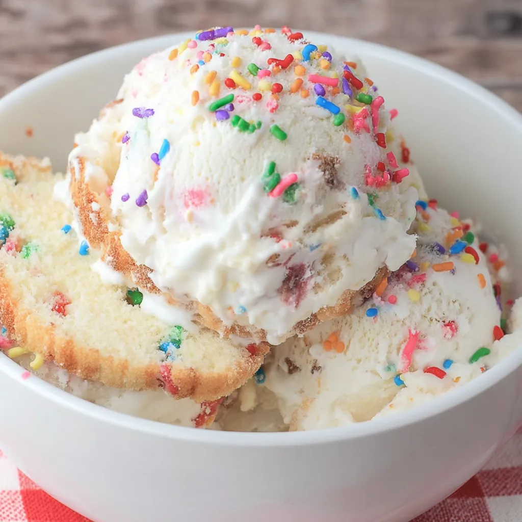 A bowl of cake and ice cream.