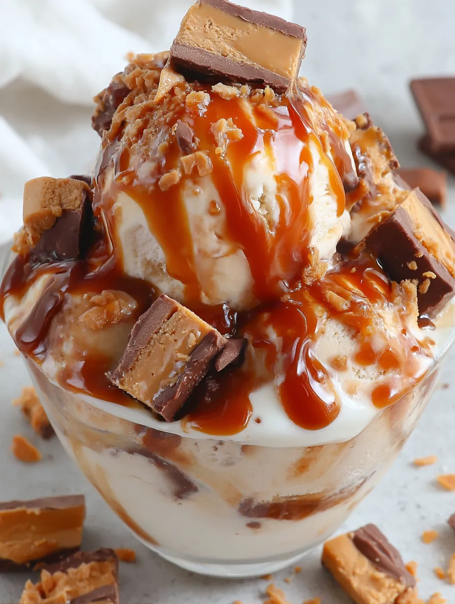 A chocolate ice cream sundae with chocolate chips and caramel sauce.