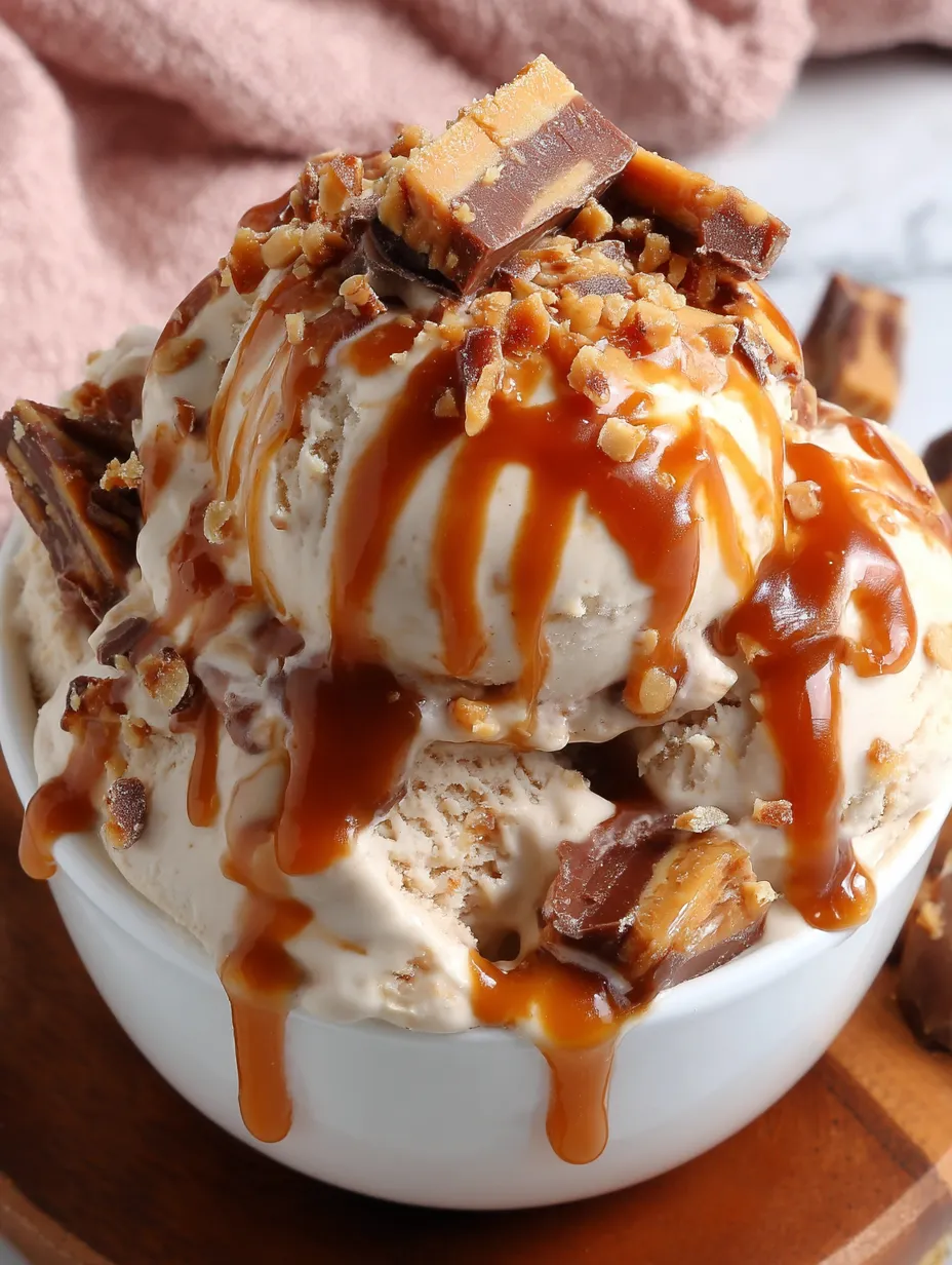 A bowl of ice cream with caramel drizzle.
