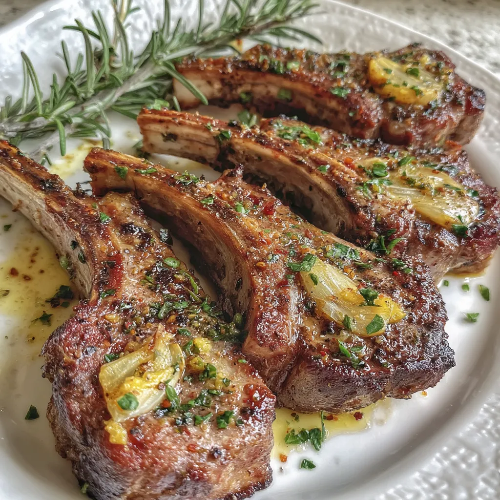 A plate of meat with a sprig of rosemary on top.