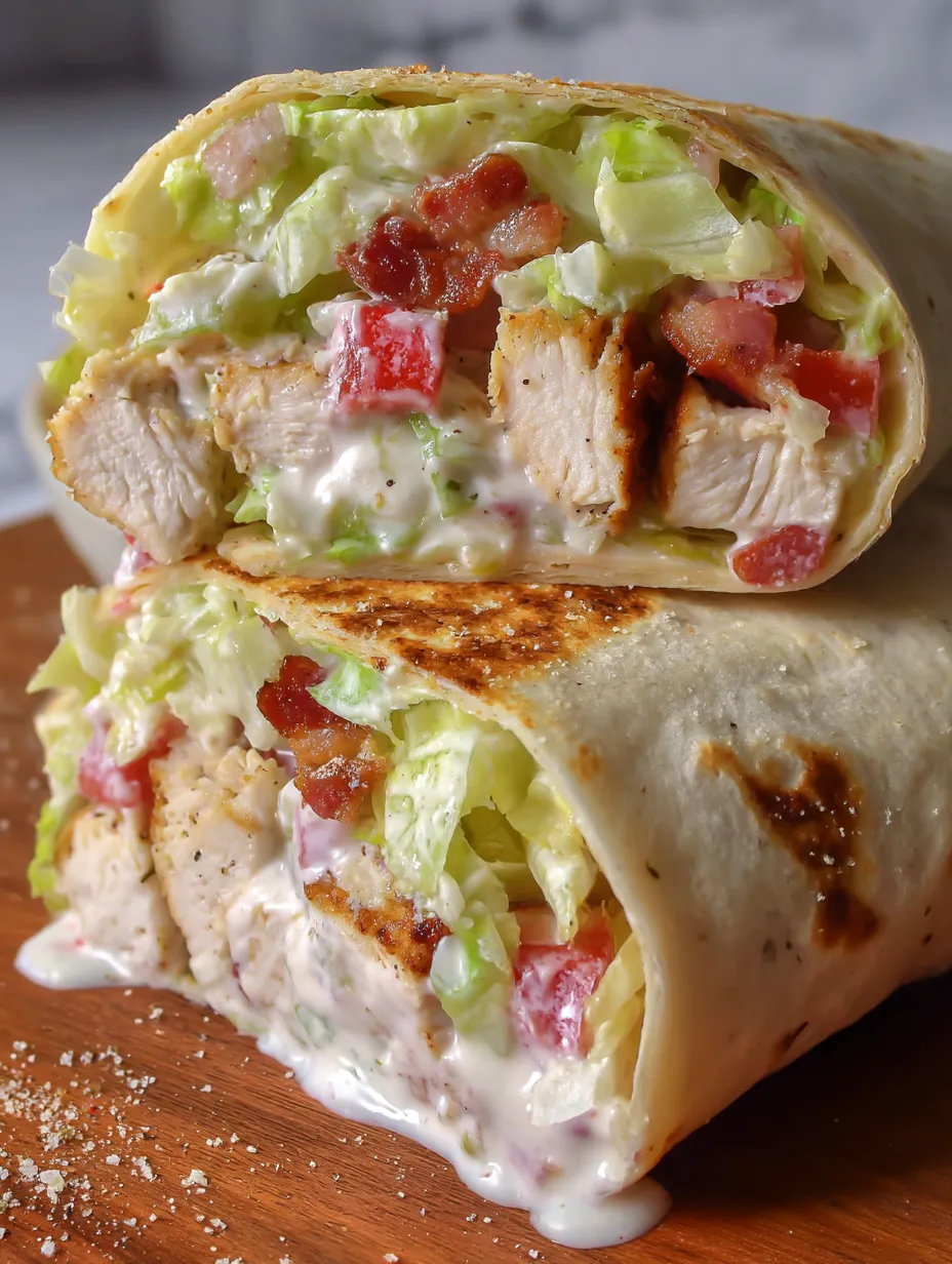 A chicken wrap with lettuce and bacon.