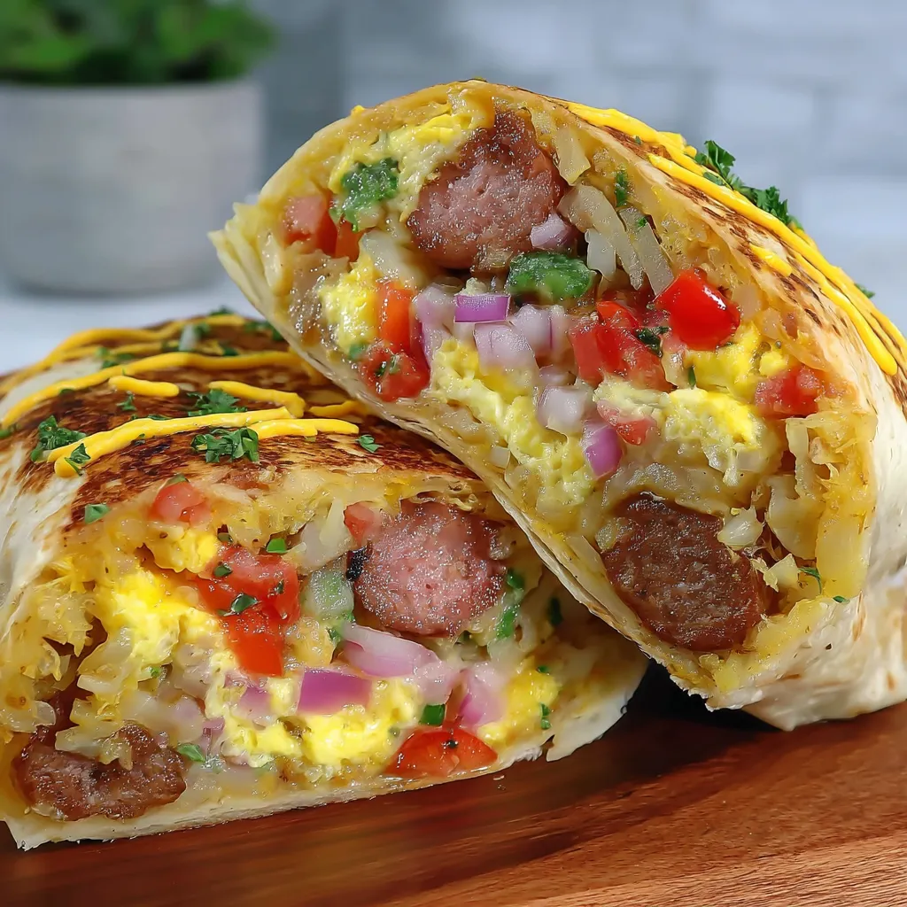 A breakfast burrito with sausage, tomatoes, onions and peppers.