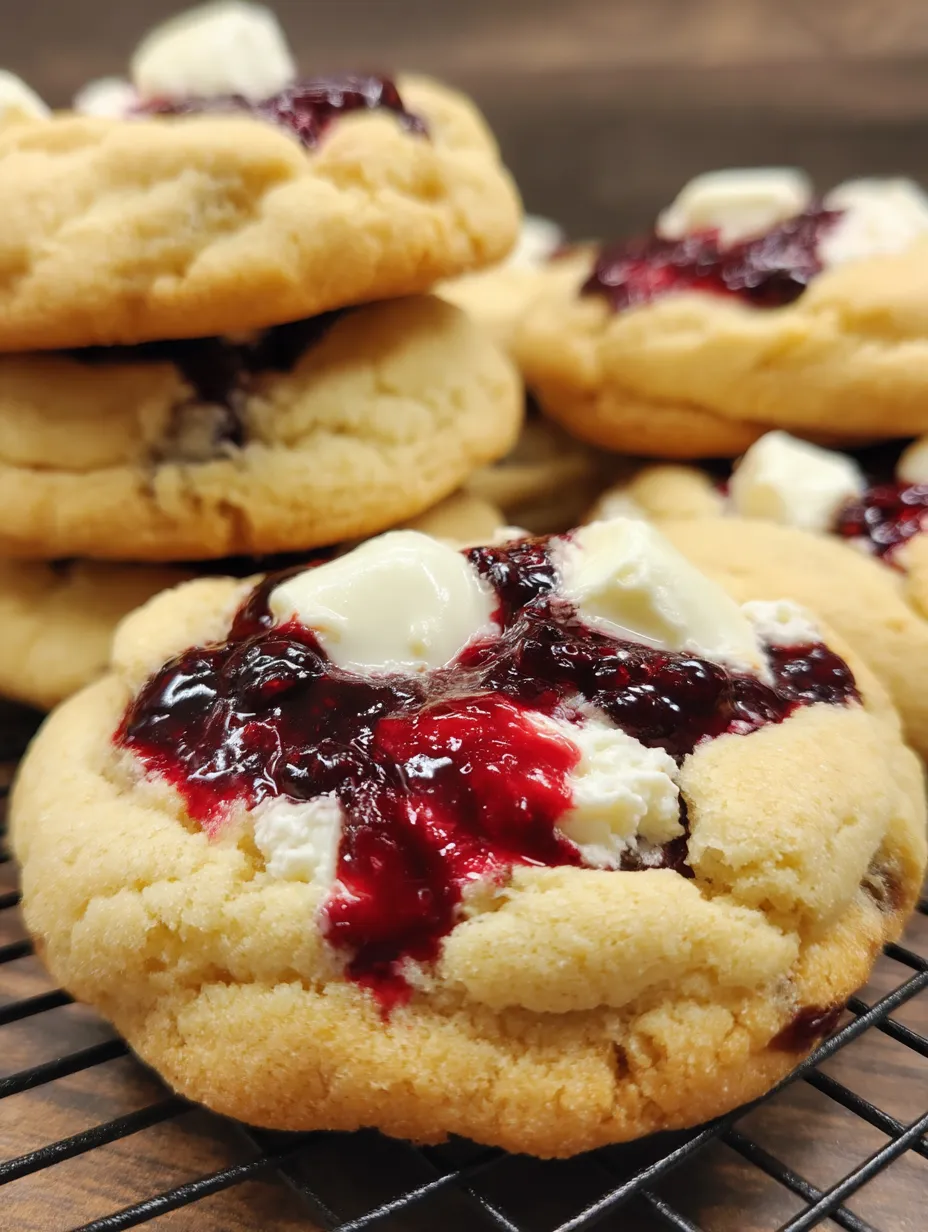 A stack of cookies with white frosting and red jam.