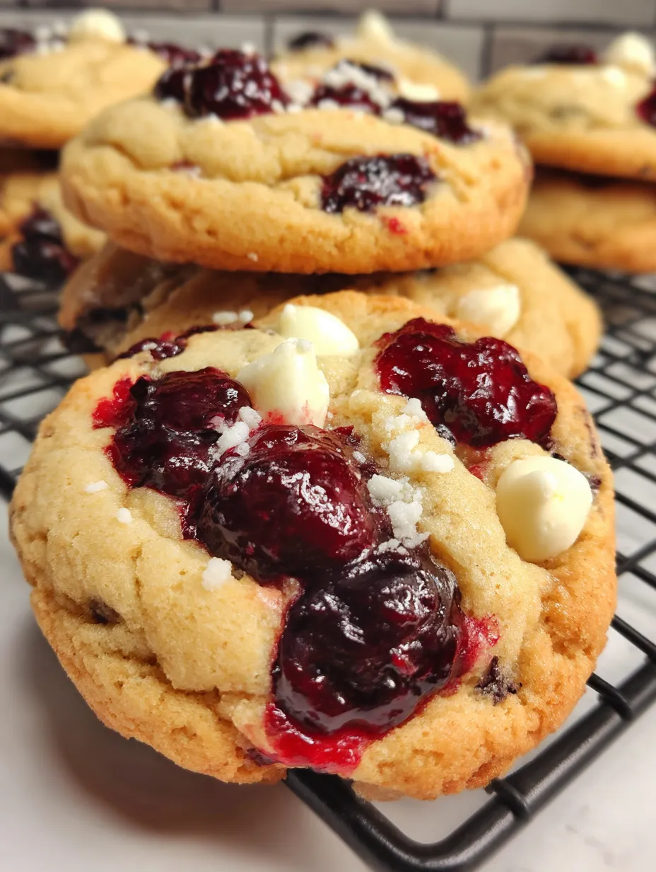 A close up of a cookie with white frosting and red berries.