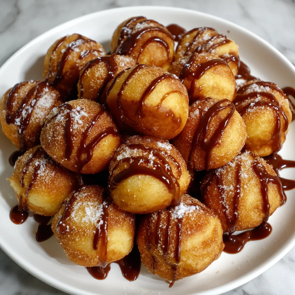 A plate of doughnuts with chocolate drizzle.