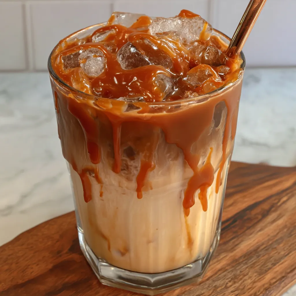 A glass of coffee with caramel drizzled on top.