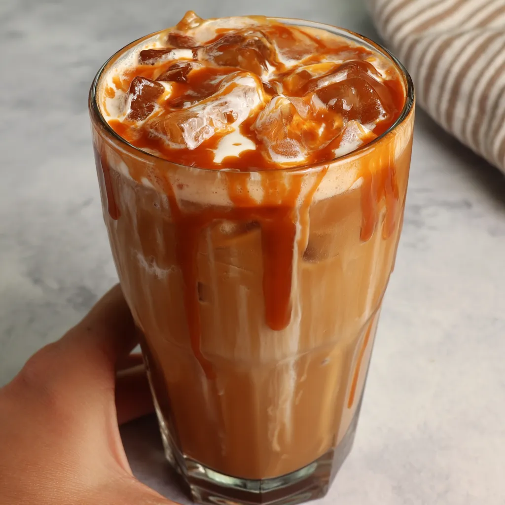 A glass of coffee with caramel drizzled on top.