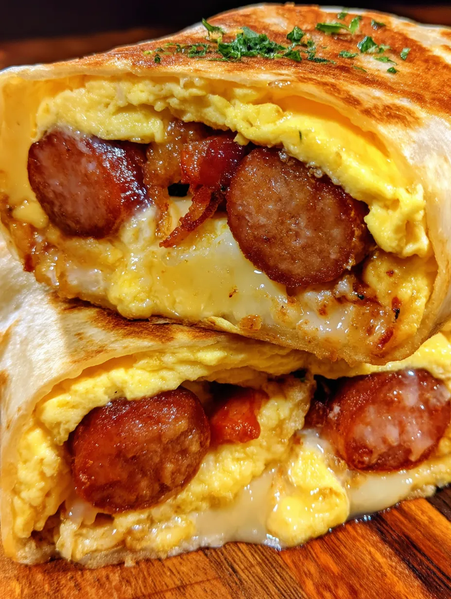 A breakfast burrito with eggs and sausage.
