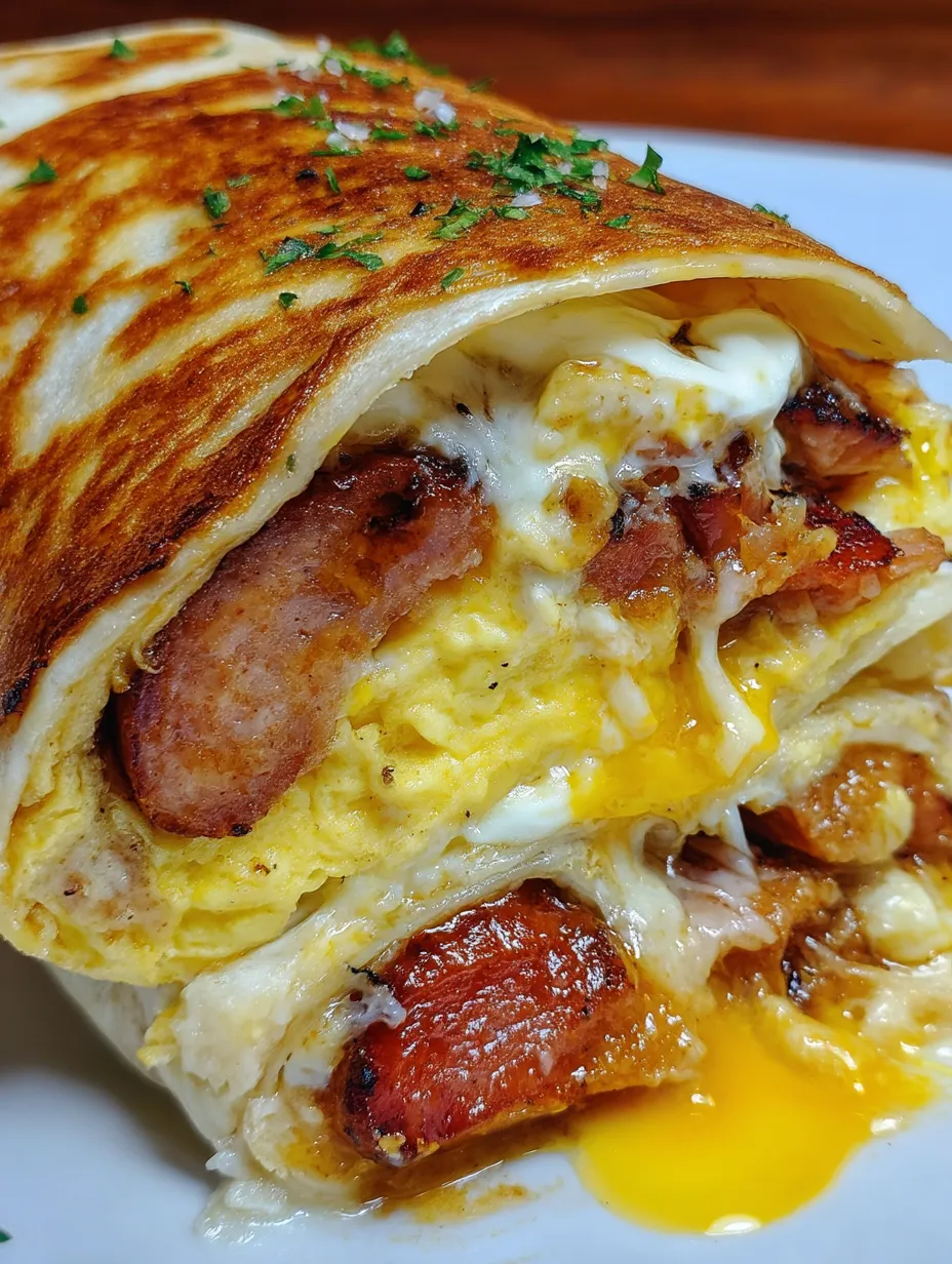 A breakfast burrito with eggs, bacon, and cheese.