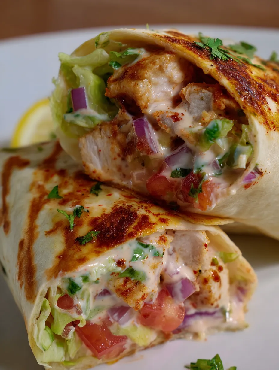 A chicken wrap with lettuce and tomato.