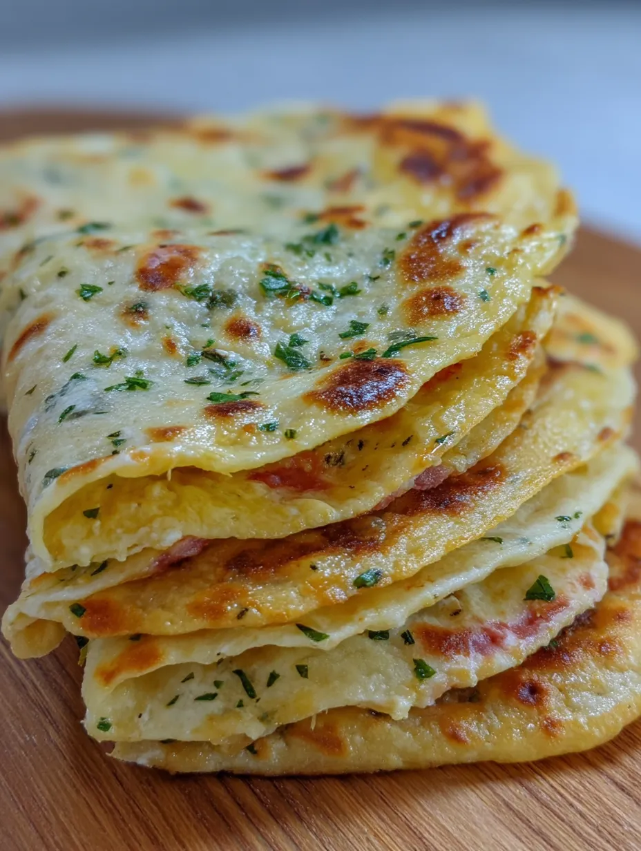 A stack of pizza with green toppings.