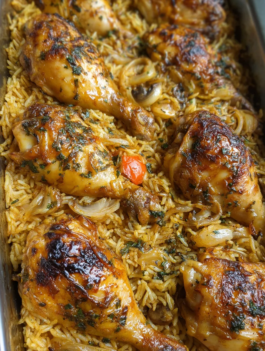 A pan of rice with chicken and onions.