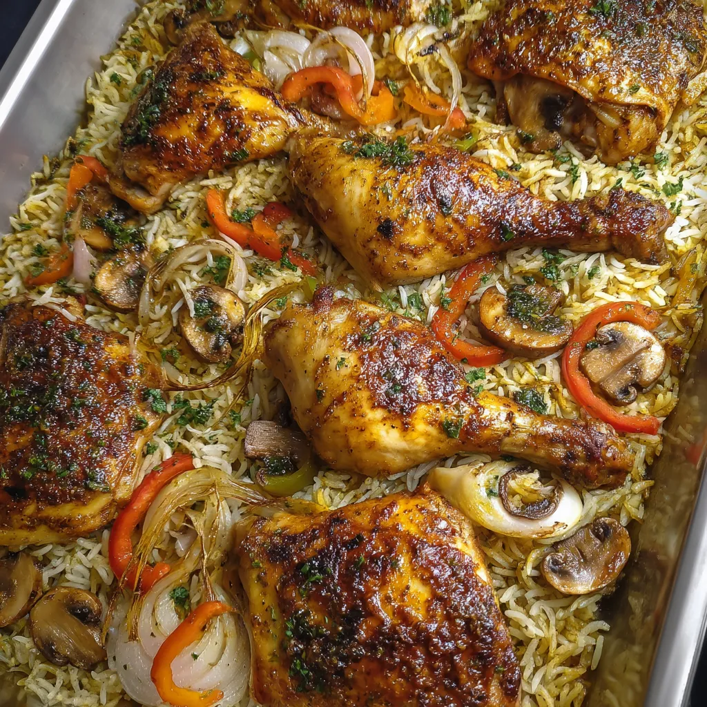 A pan of rice with chicken and vegetables.